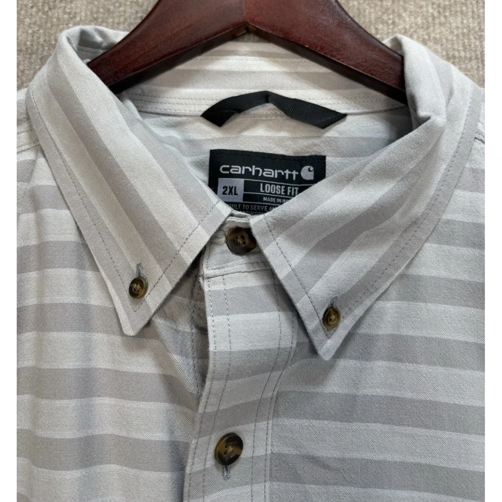 Carhartt Men's 2XL Shirt Gray Strips Button Down Workwear Loose Fit Short Sleeve